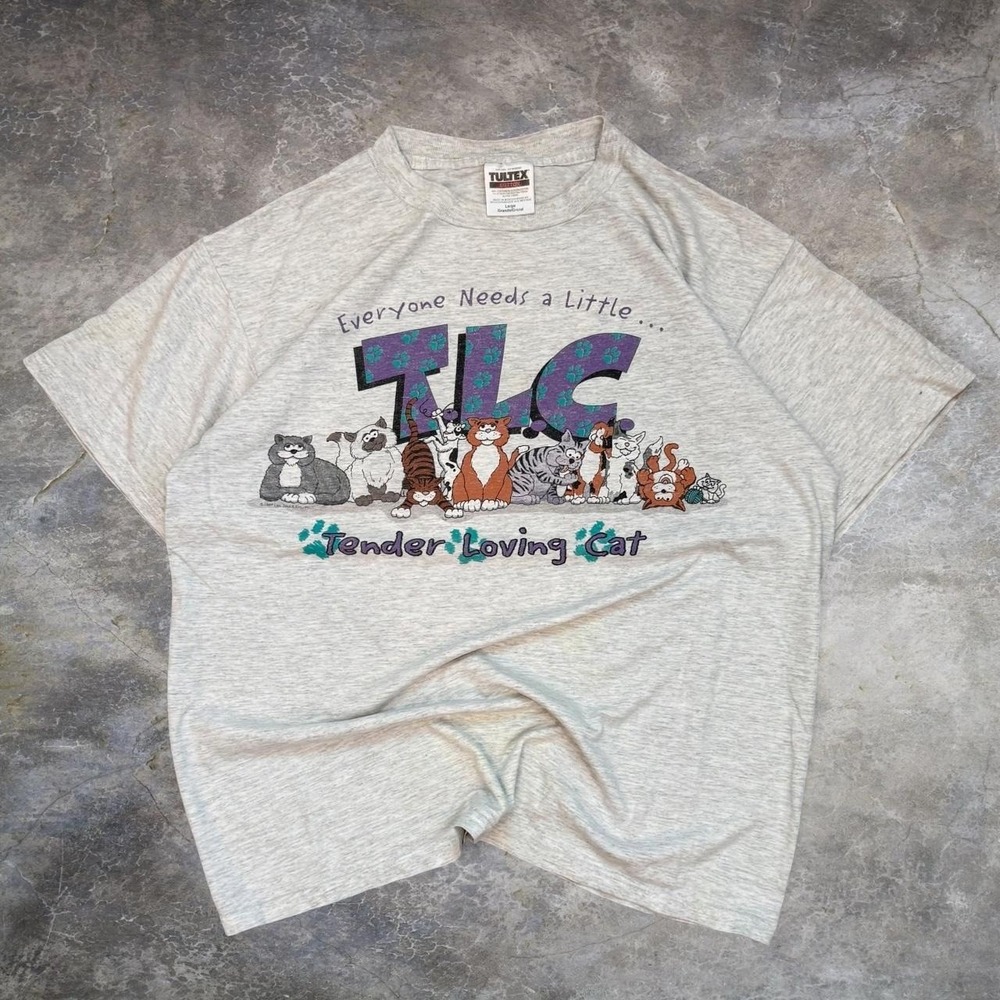 Vintage TLC Tender Loving Cat Double Sided Graphic Tee Adult Size Large 90s VTG